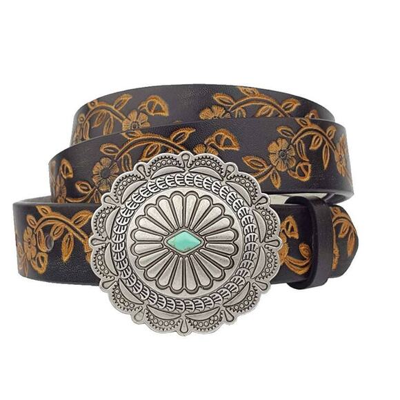 Western Black Leather Tooled Belt Stone Accent Buckle main image 2